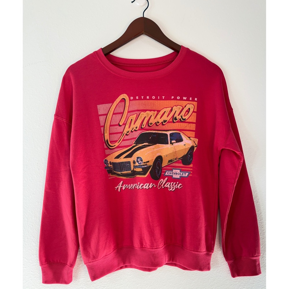 GM Camaro Sweatshirt Retro Americana Coral Red Graphic Logo Streetwear Casual